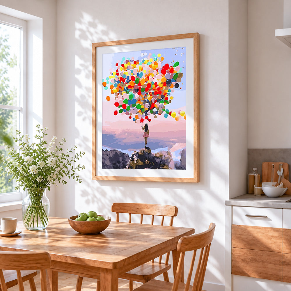 Woman with colourful balloons on a mountain paint by numbers artwork displayed on wall as home decor