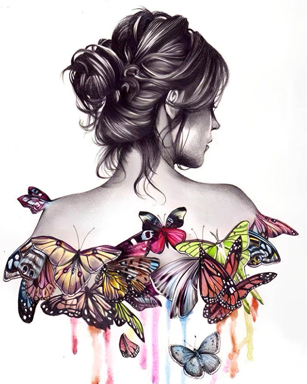 Woman with colourful butterflies on her back cross stitch kit for beginners