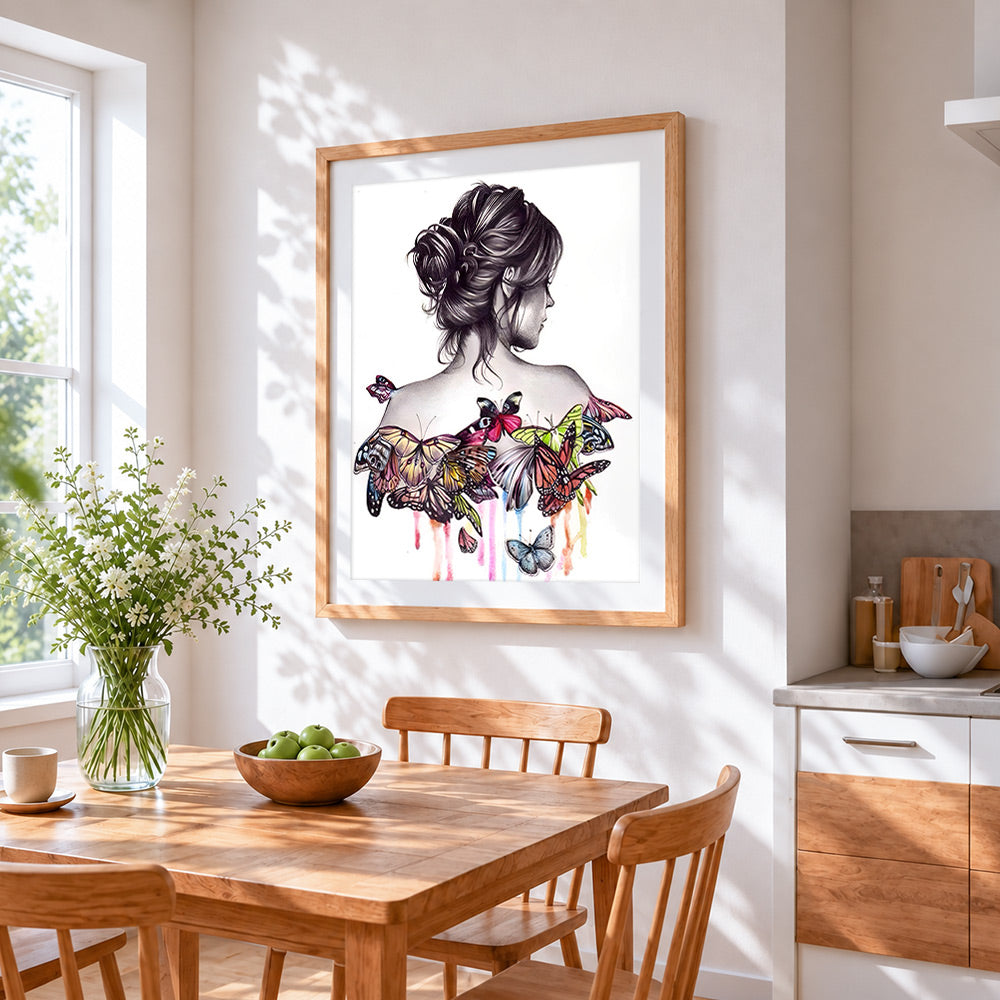 Woman with colourful butterflies on her back cross stitch artwork displayed on wall as home decor