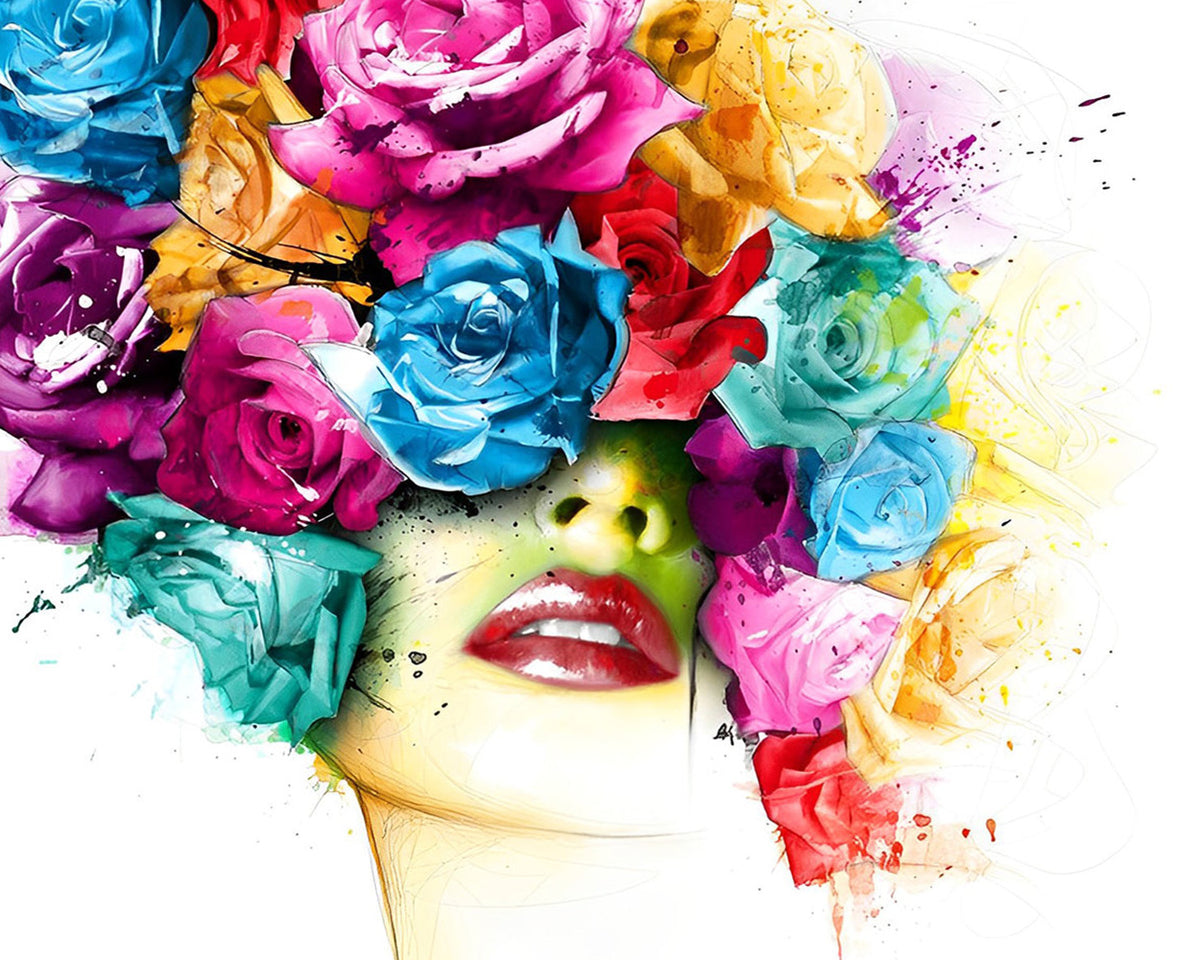 Woman with colourful floral hair cross stitch kit for beginners