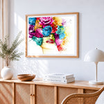Woman with colourful floral hair cross stitch artwork displayed on wall as home decor