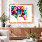 Finished woman with colourful floral hair paint by numbers artwork displayed as home decor