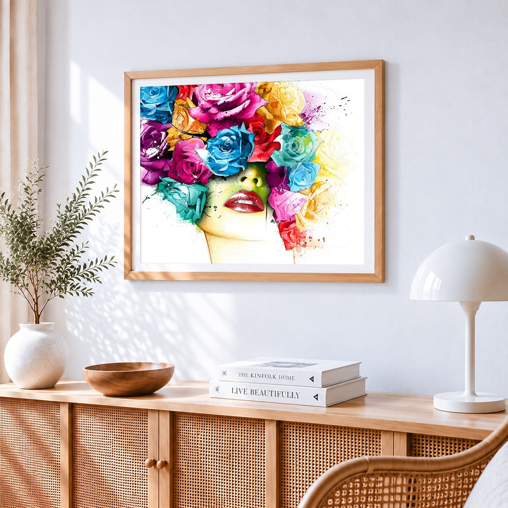 Woman with colourful floral hair paint by numbers artwork displayed on wall as home decor