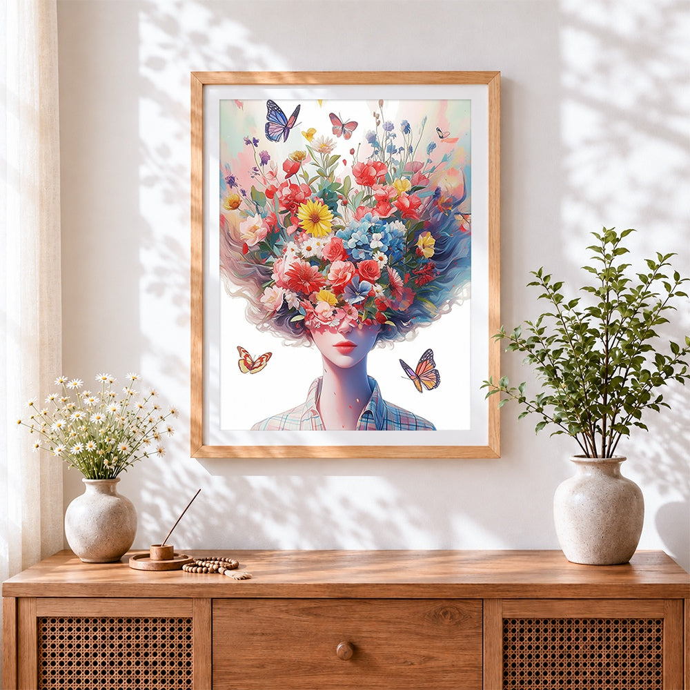 Finished woman with exploding floral hair cross stitch artwork displayed