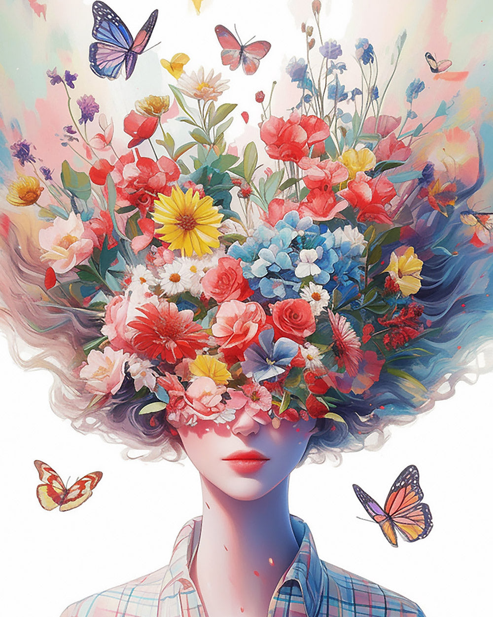 Woman with exploding floral hair cross stitch kit for beginners