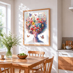 Woman with exploding floral hair cross stitch artwork displayed on wall as home decor