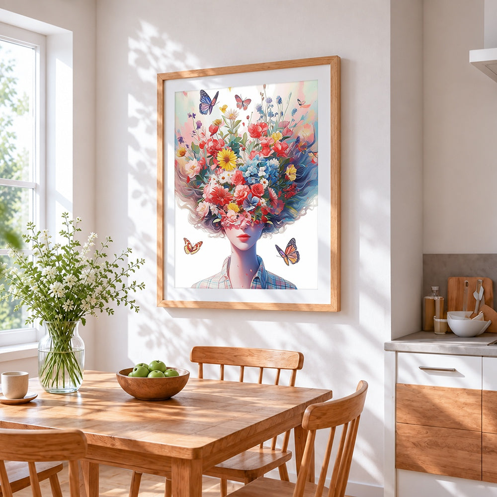 Woman with exploding floral hair cross stitch artwork displayed on wall as home decor