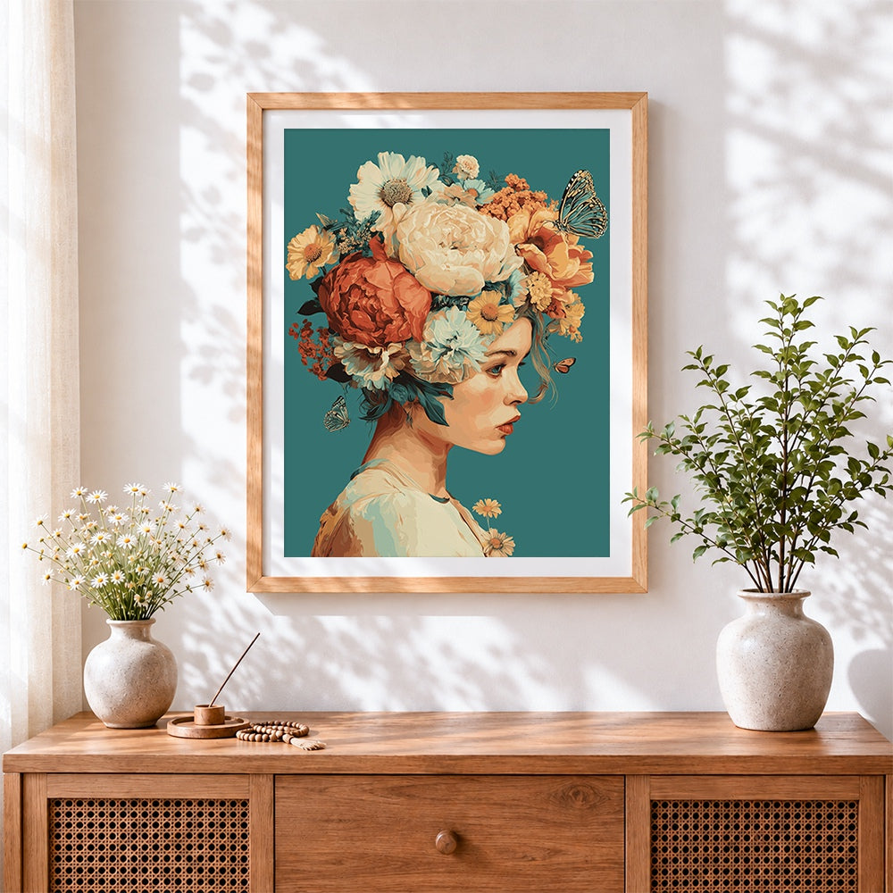 Finished woman with floral headdress cross stitch artwork displayed