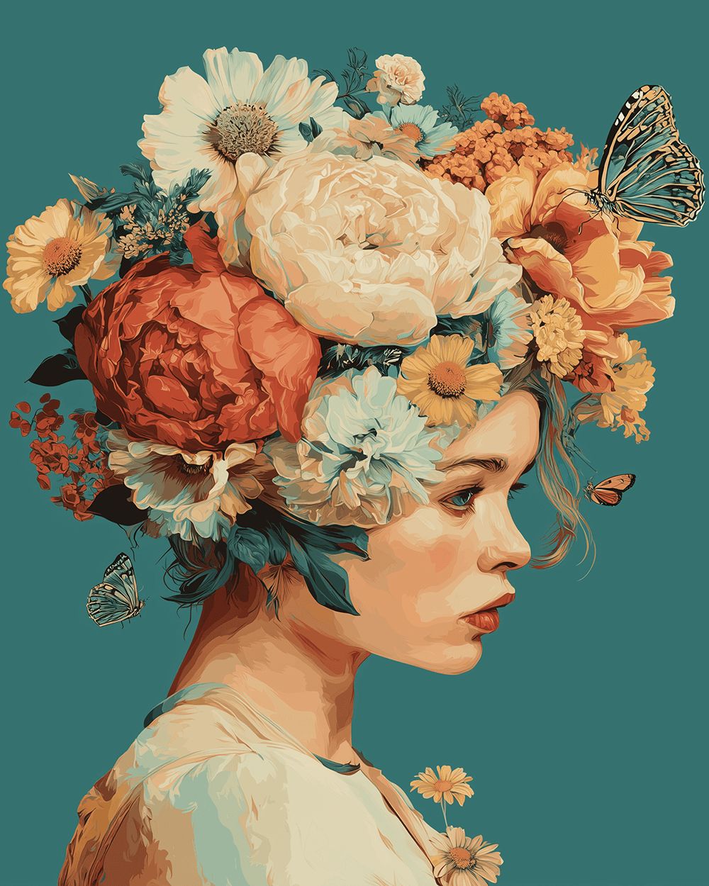 Woman with floral headdress cross stitch kit for beginners