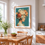 Woman with floral headdress cross stitch artwork displayed on wall as home decor