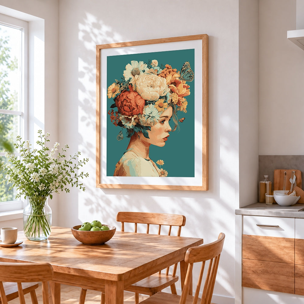 Woman with floral headdress cross stitch artwork displayed on wall as home decor