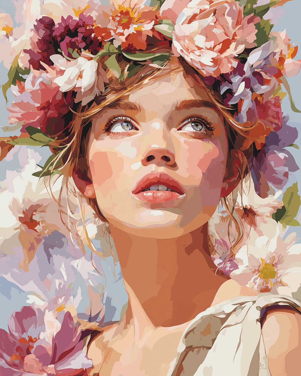 Woman with flower crown looking up cross stitch kit for beginners