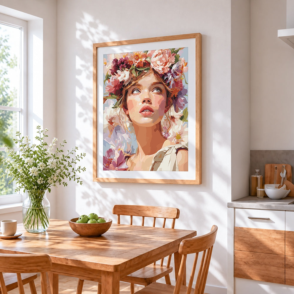 Woman with flower crown looking up cross stitch artwork displayed on wall as home decor