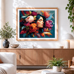 Finished woman with flowers and feathers paint by numbers artwork displayed as home decor