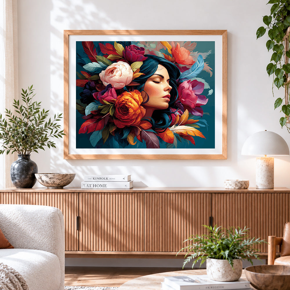 Finished woman with flowers and feathers paint by numbers artwork displayed as home decor