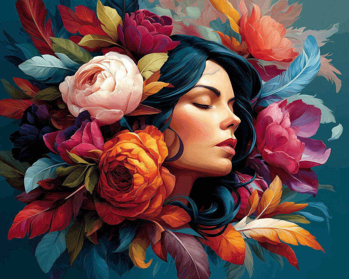 Woman with flowers and feathers paint by numbers kit for beginners