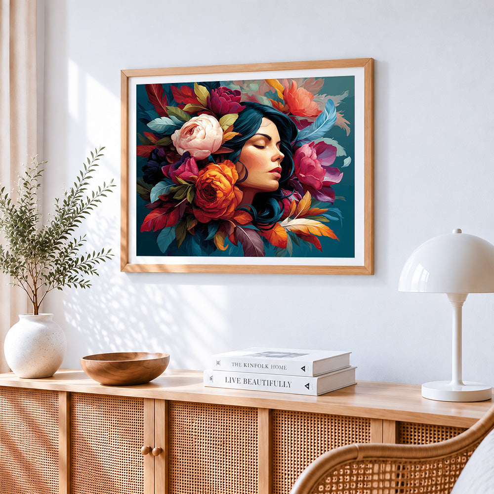 Woman with flowers and feathers paint by numbers artwork displayed on wall as home decor