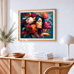 Woman with flowers and feathers paint by numbers artwork displayed on wall as home decor