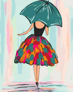 Woman with green umbrella and colourful skirt cross stitch kit for beginners