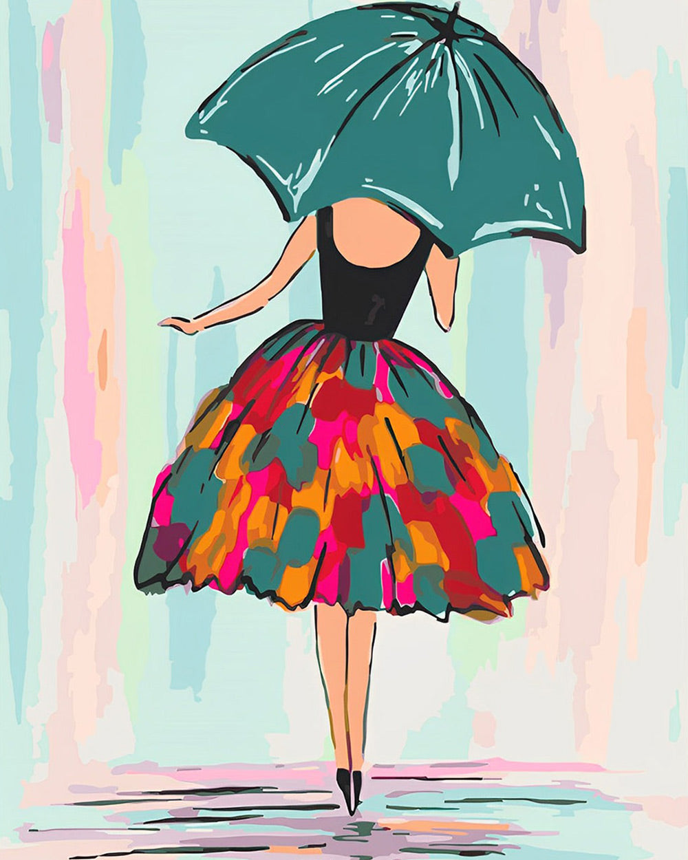 Woman with green umbrella and colourful skirt cross stitch kit for beginners