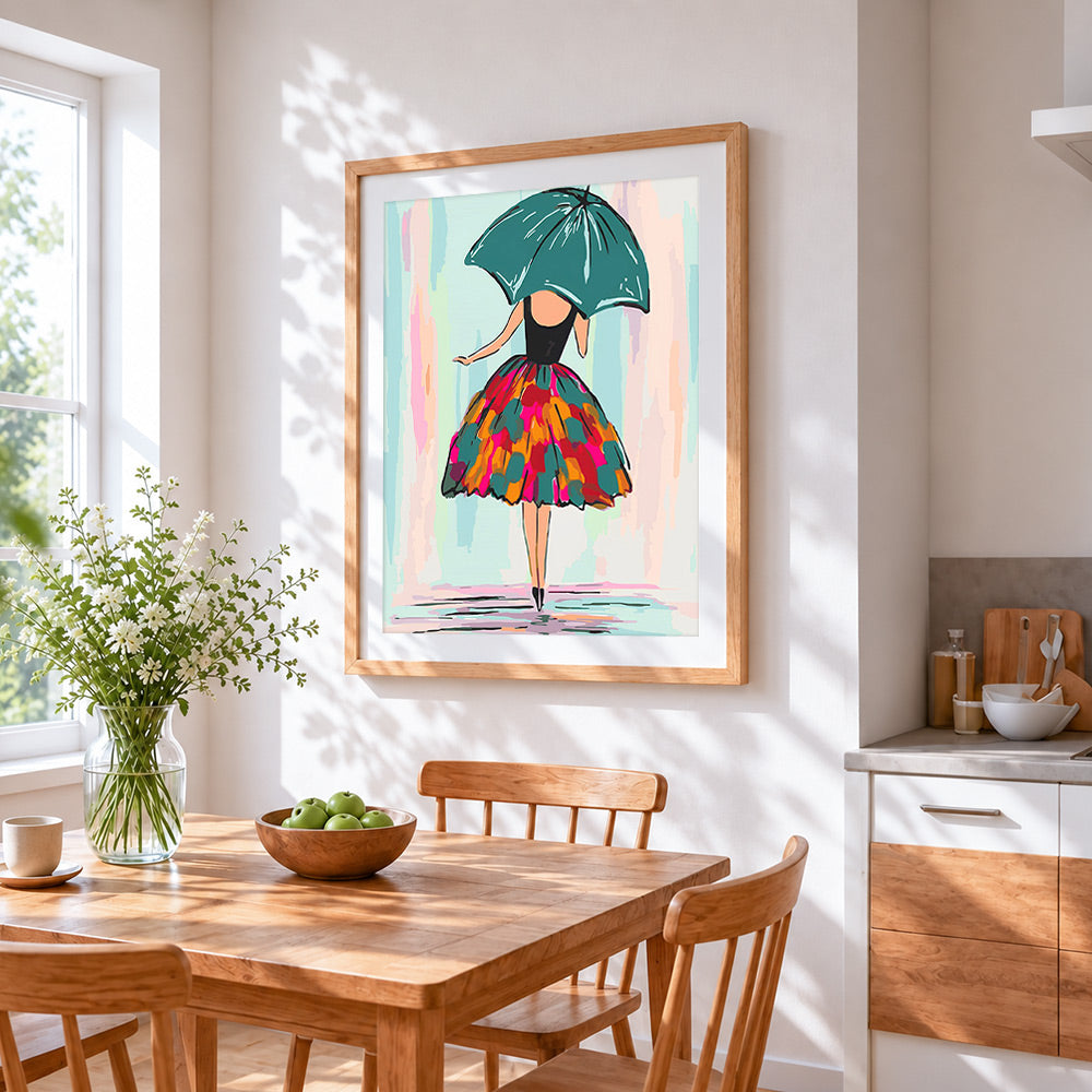Woman with green umbrella and colourful skirt cross stitch artwork displayed on wall as home decor