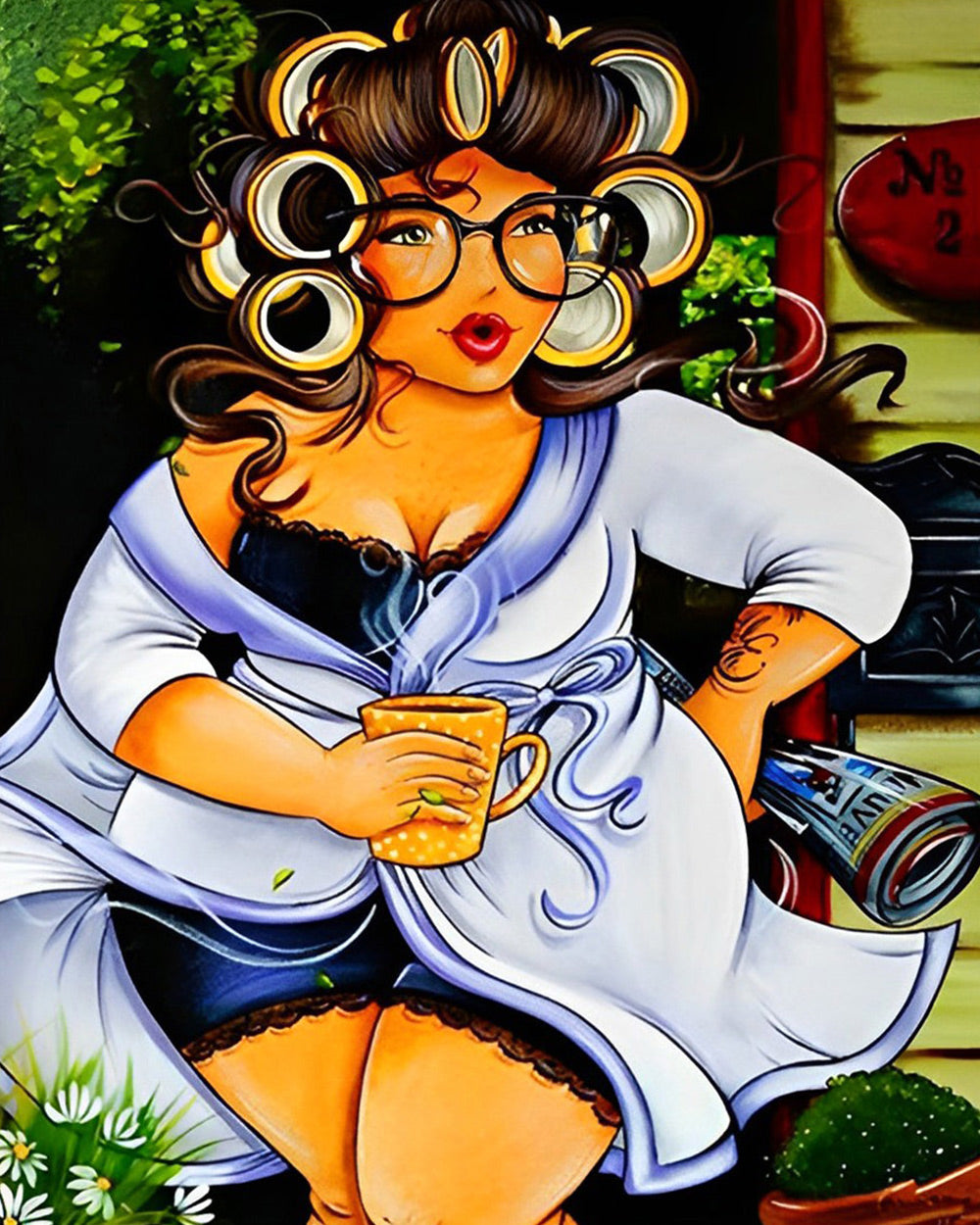 Woman with hair rollers cross stitch kit for beginners