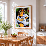Woman with hair rollers cross stitch artwork displayed on wall as home decor