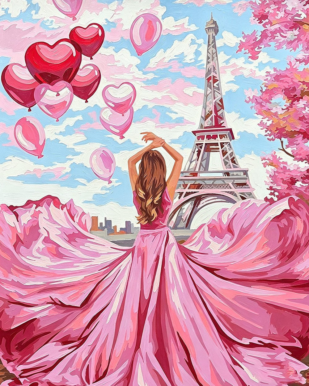 Woman with heart balloons cross stitch kit for beginners