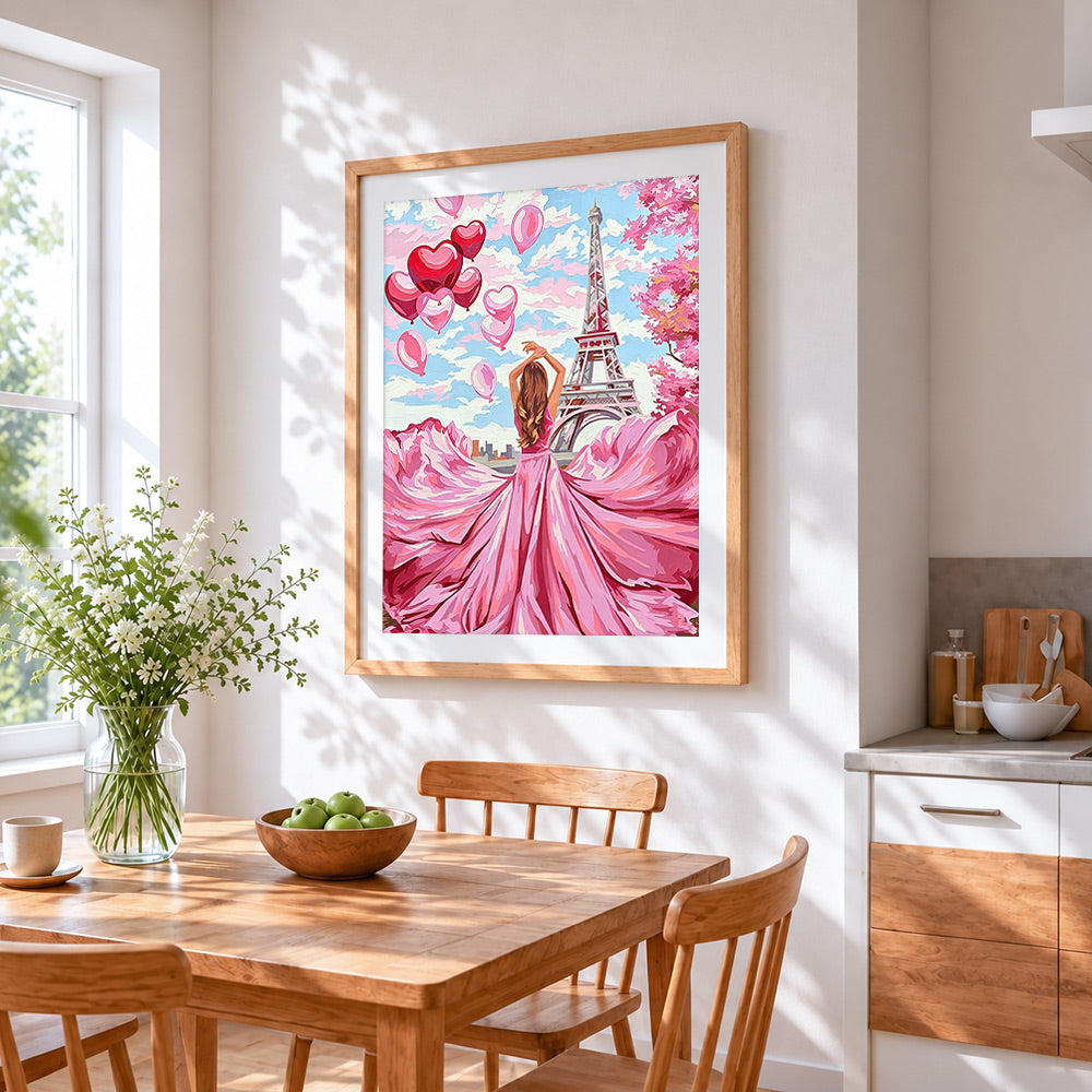 Woman with heart balloons cross stitch artwork displayed on wall as home decor