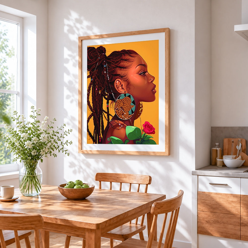 Woman with leopard print earring cross stitch artwork displayed on wall as home decor