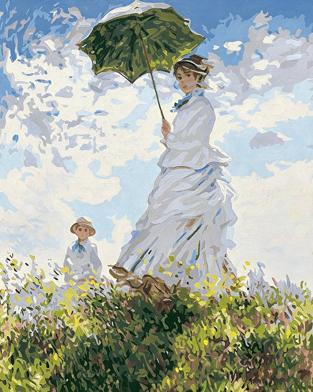 Woman with parasol in meadow cross stitch kit for beginners