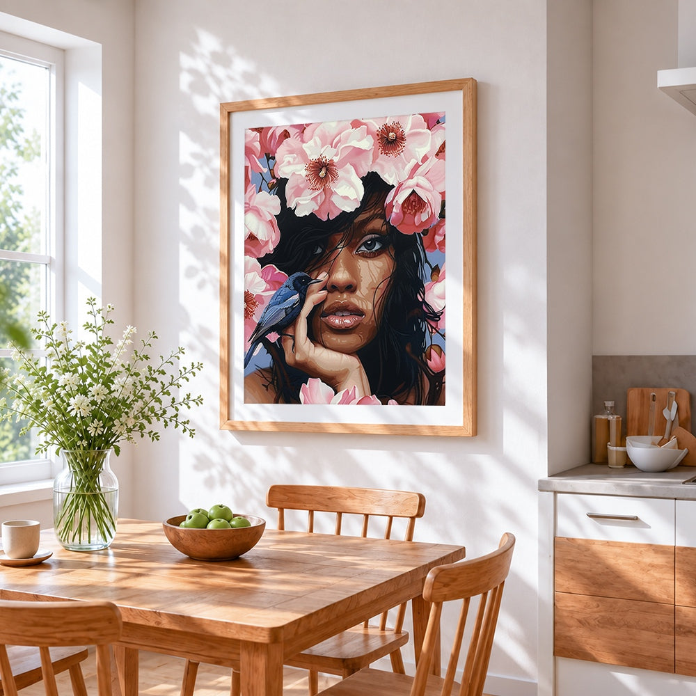 Woman with pink blossoms cross stitch artwork displayed on wall as home decor