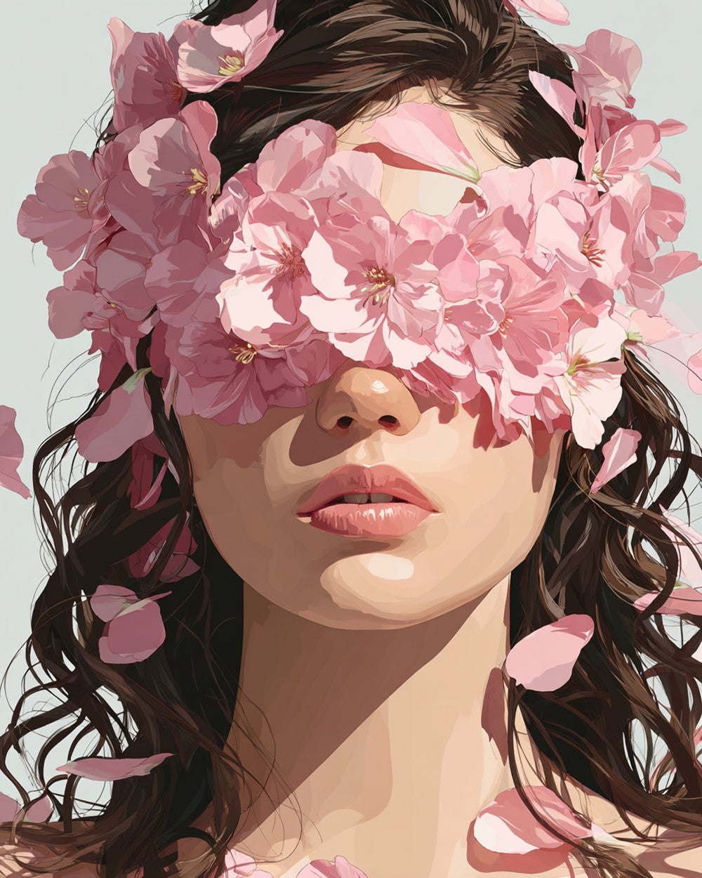 Woman with pink blossoms over eyes cross stitch kit for beginners