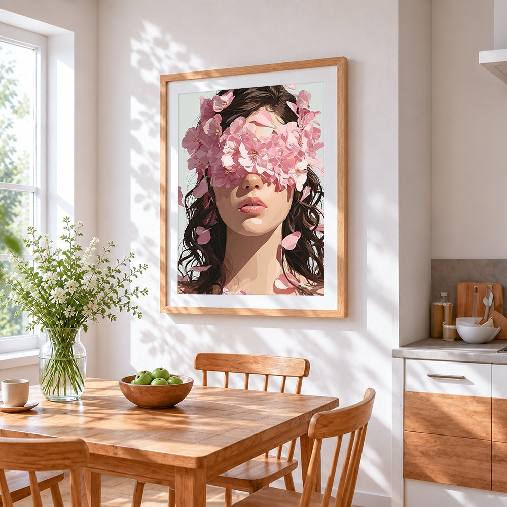 Woman with pink blossoms over eyes cross stitch artwork displayed on wall as home decor