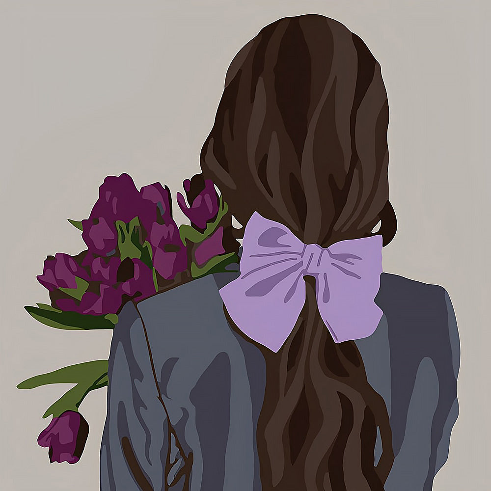 Woman with purple flowers and lilac bow cross stitch kit for beginners