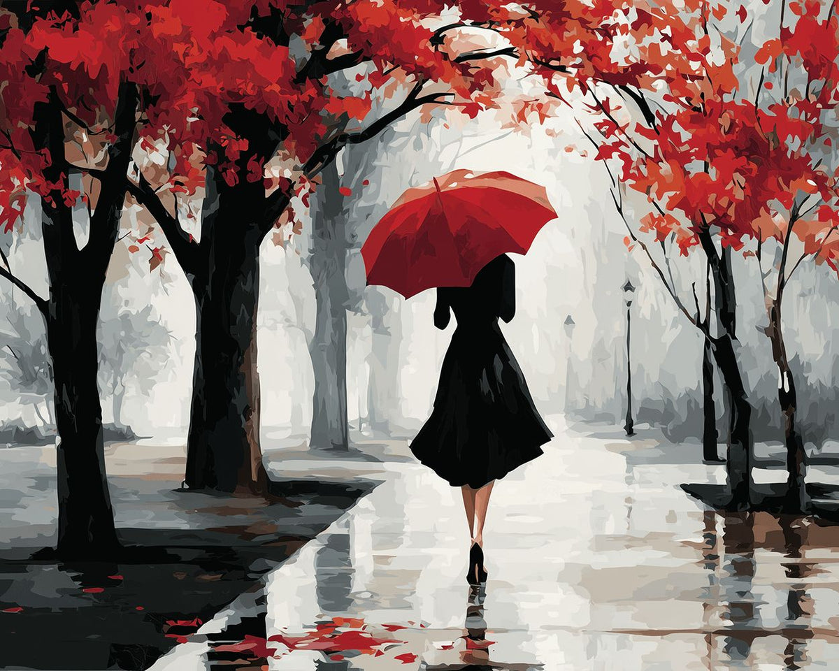 Woman with red umbrella in autumn rain paint by numbers kit for beginners
