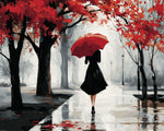 Woman with red umbrella in autumn rain paint by numbers kit for beginners
