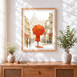 Finished woman with red umbrella in paris cross stitch artwork displayed