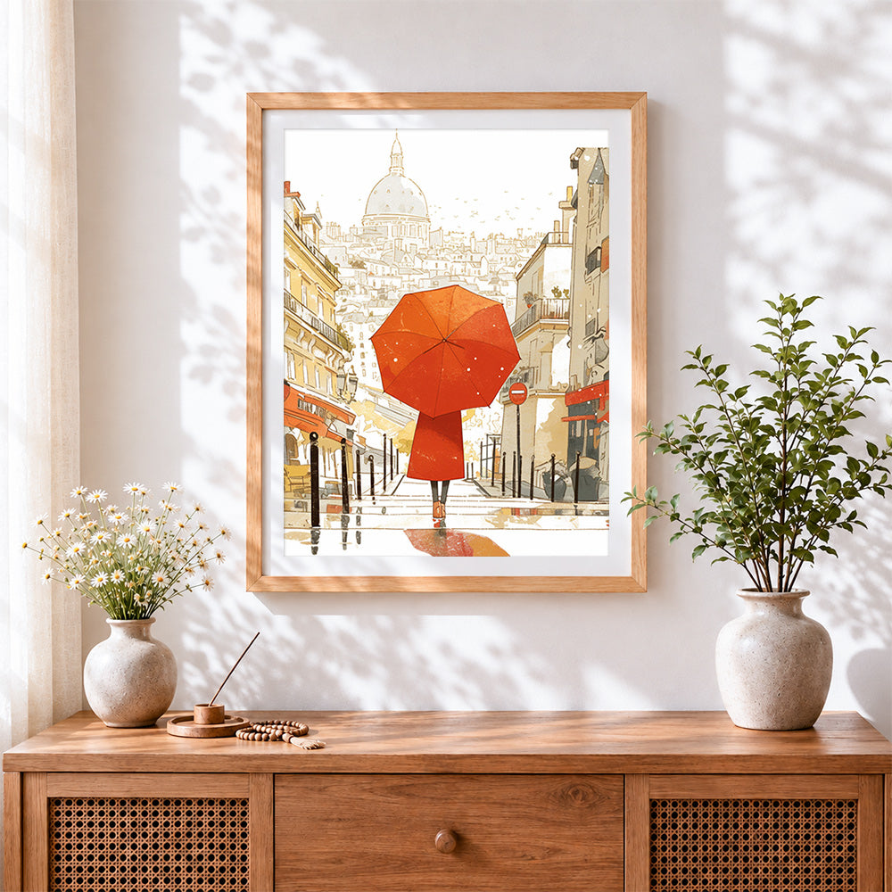 Finished woman with red umbrella in paris cross stitch artwork displayed