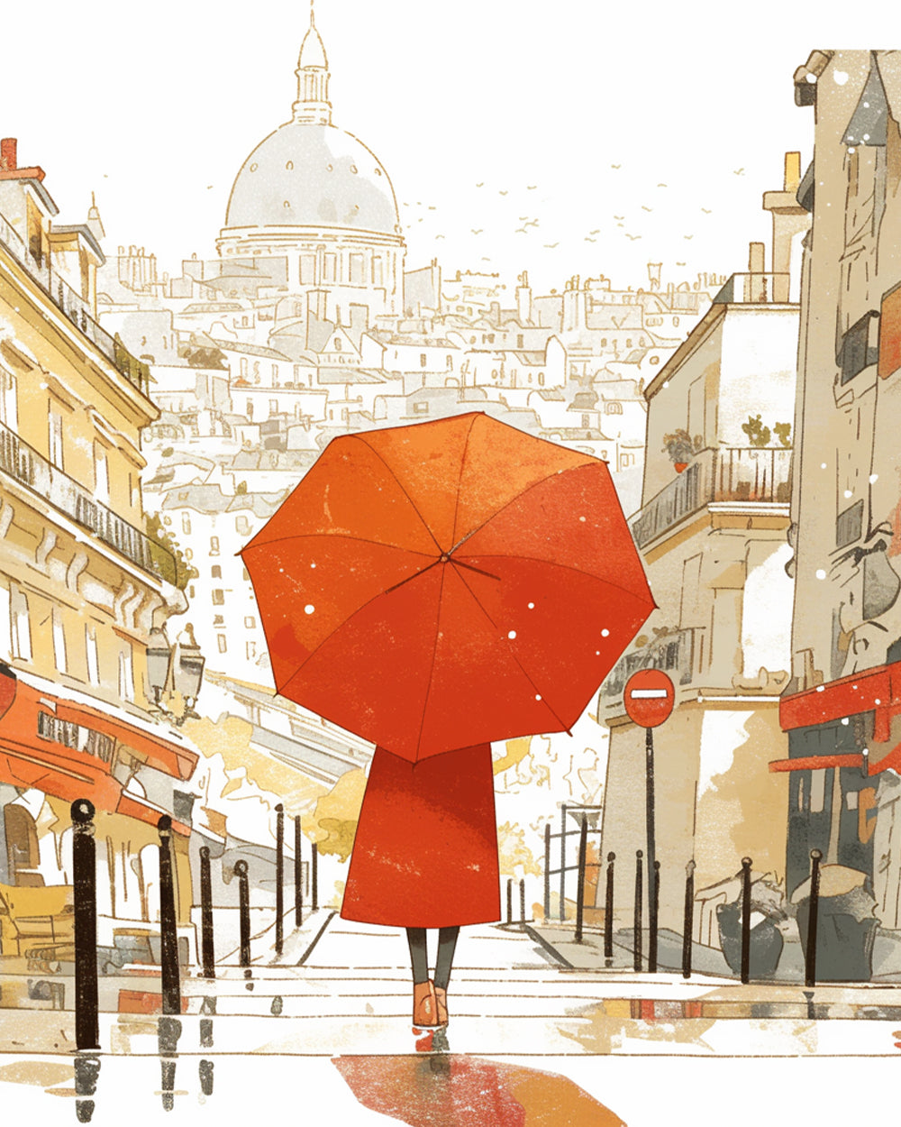 Woman with red umbrella in paris cross stitch kit for beginners