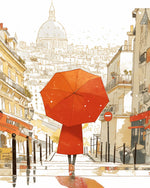 Woman with red umbrella in paris cross stitch kit for beginners