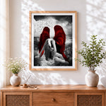 Finished woman with red wings paint by numbers artwork displayed as home decor