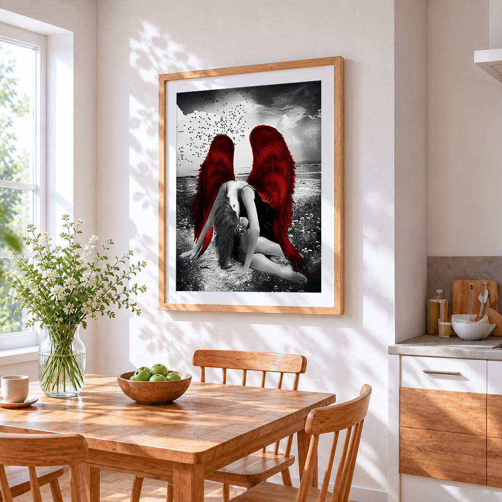 Woman with red wings paint by numbers artwork displayed on wall as home decor