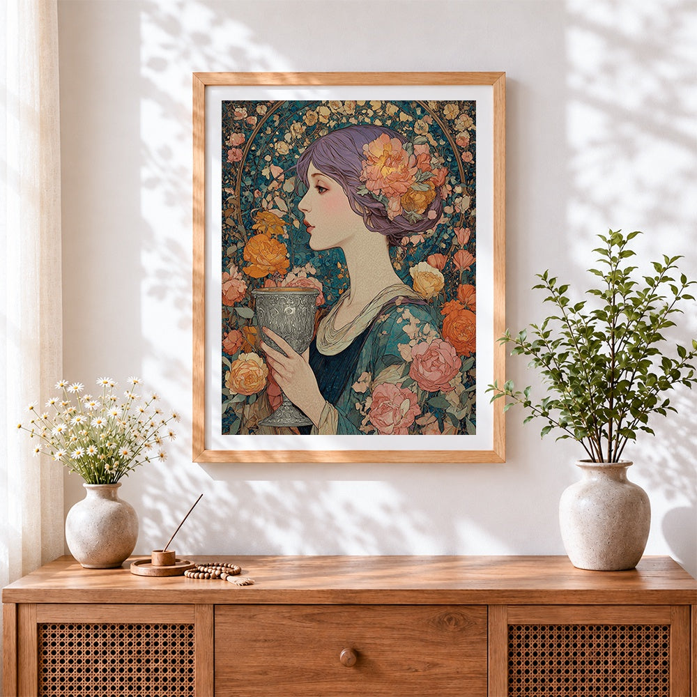 Finished woman with silver chalice and peonies cross stitch artwork displayed