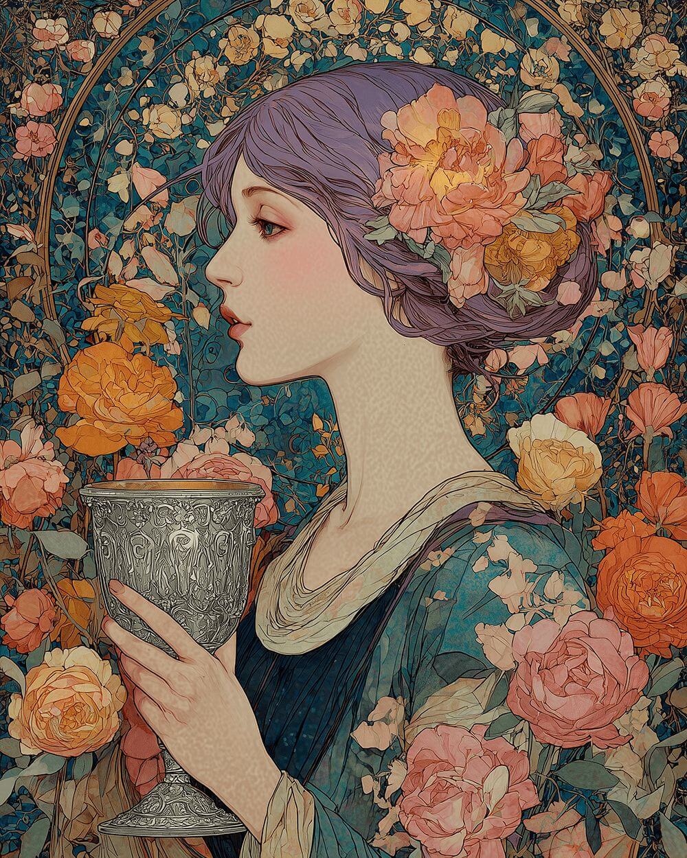 Woman with silver chalice and peonies cross stitch kit for beginners