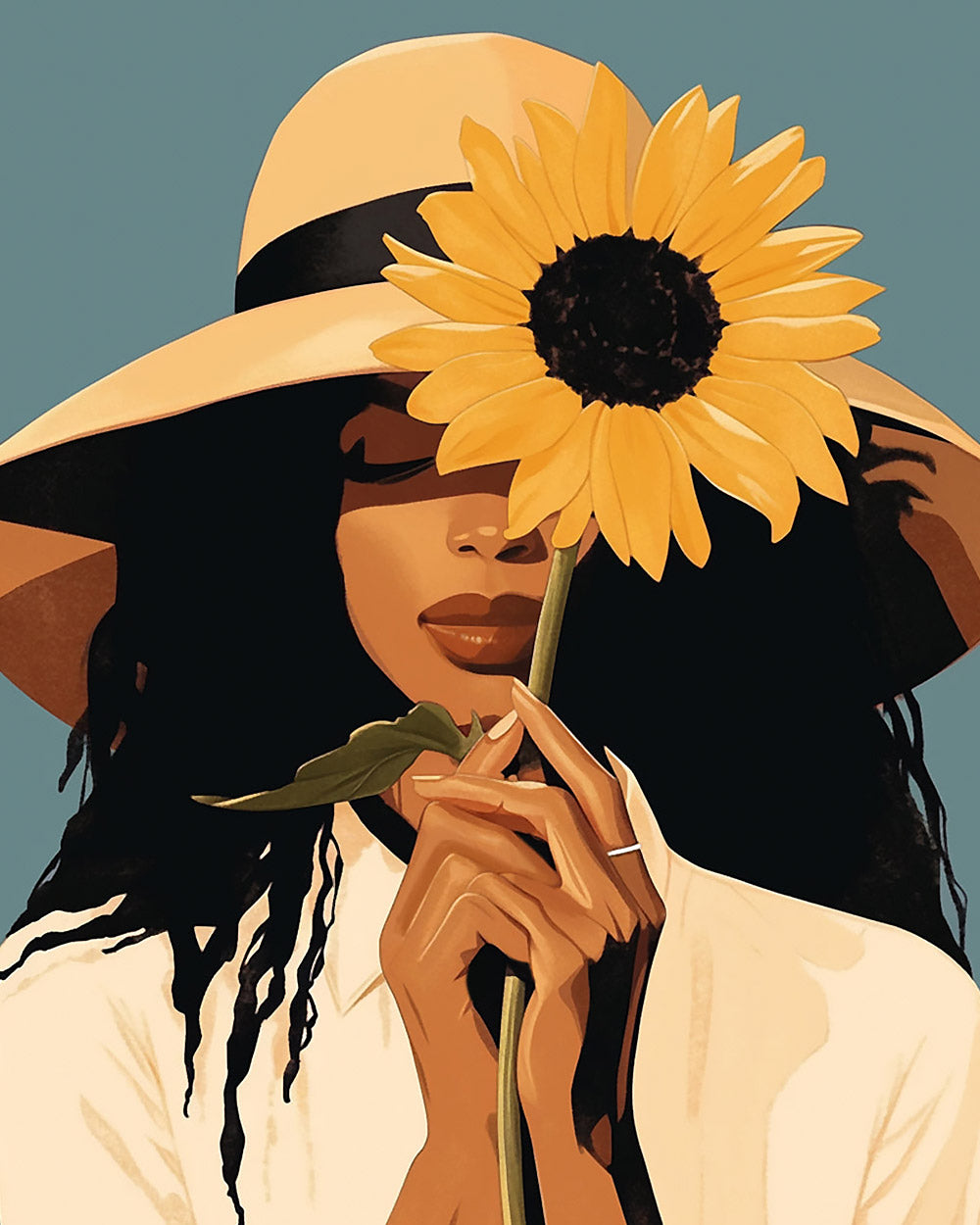 Woman with sunflower and straw hat cross stitch kit for beginners