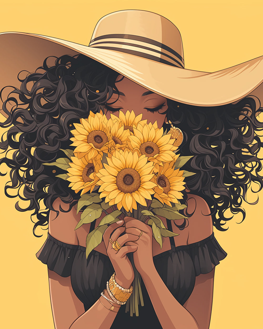 Woman with sunflower bouquet cross stitch kit for beginners