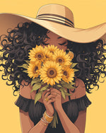 Woman with sunflower bouquet cross stitch kit for beginners