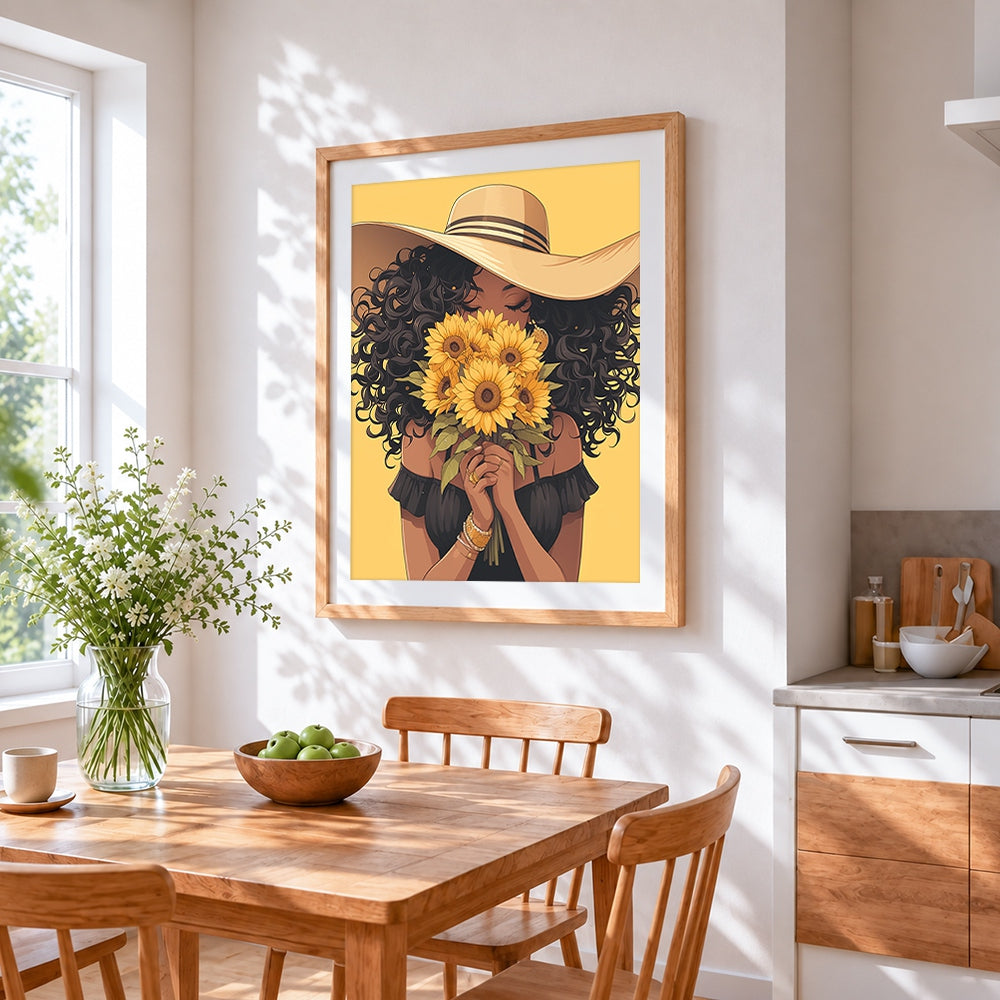 Woman with sunflower bouquet cross stitch artwork displayed on wall as home decor