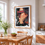 Woman with sunglasses and cigarette cross stitch artwork displayed on wall as home decor